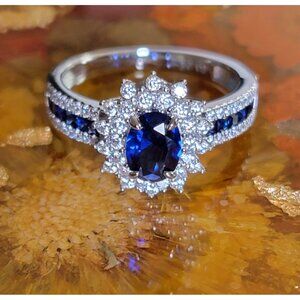 Sterling Silver White Gold Plated Sapphire Halo Ring CZ Princess Diana Style NWT